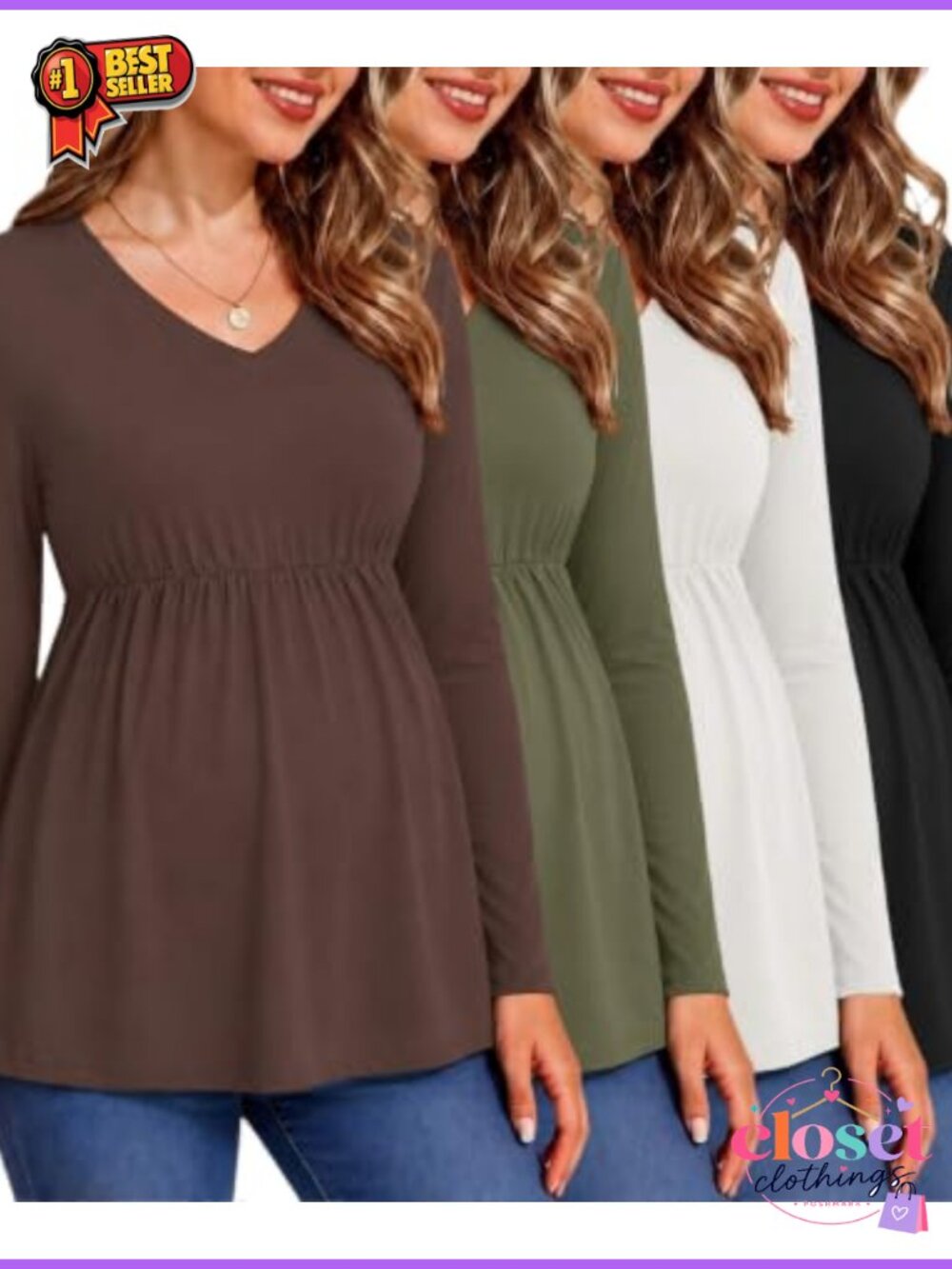 Maternity Long Sleeve V Neck Tunic Tops Soft Stretchy Pregnancy Shirts